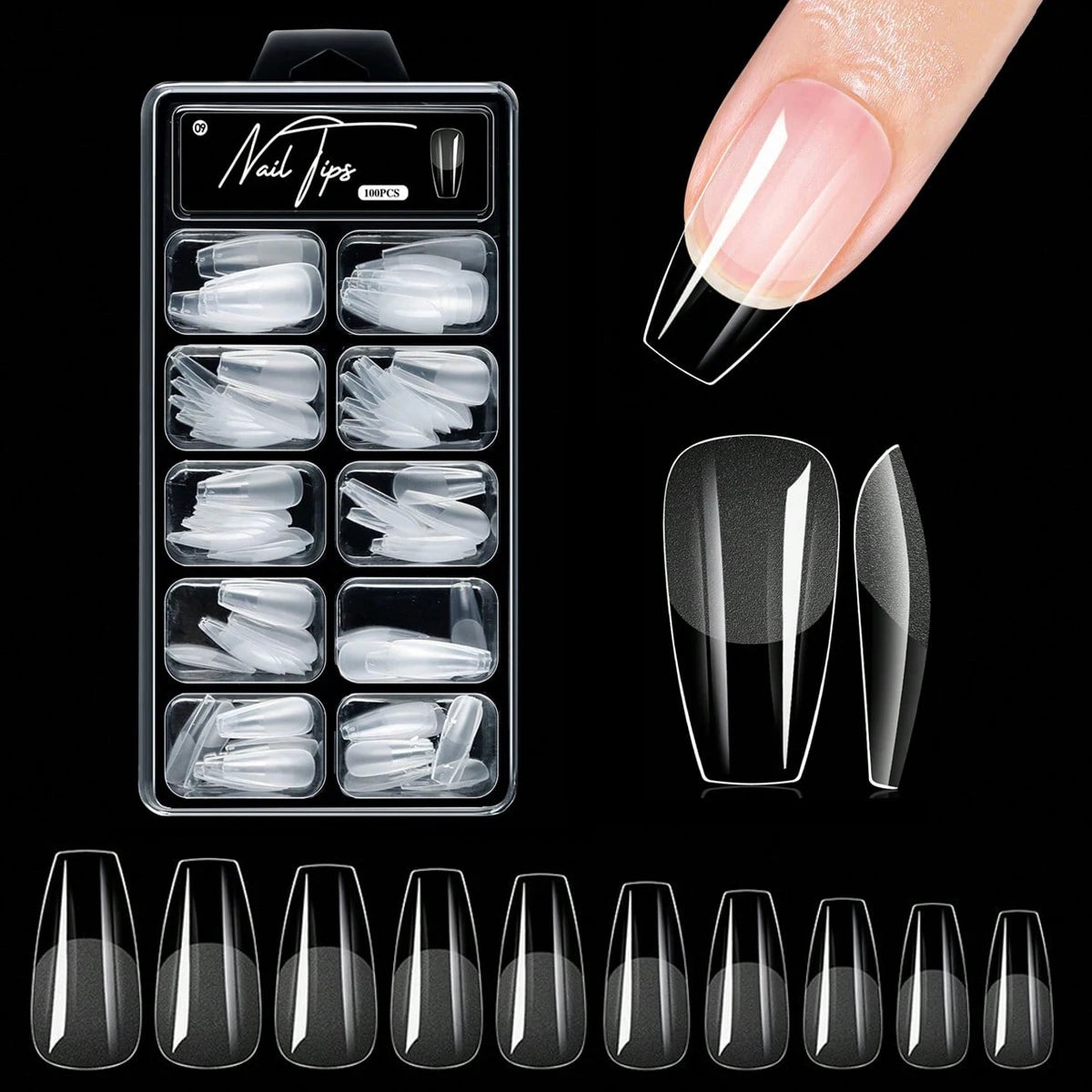 Clear Almond Press-On Nail Tips — Short Soft Gel Full Cover Set