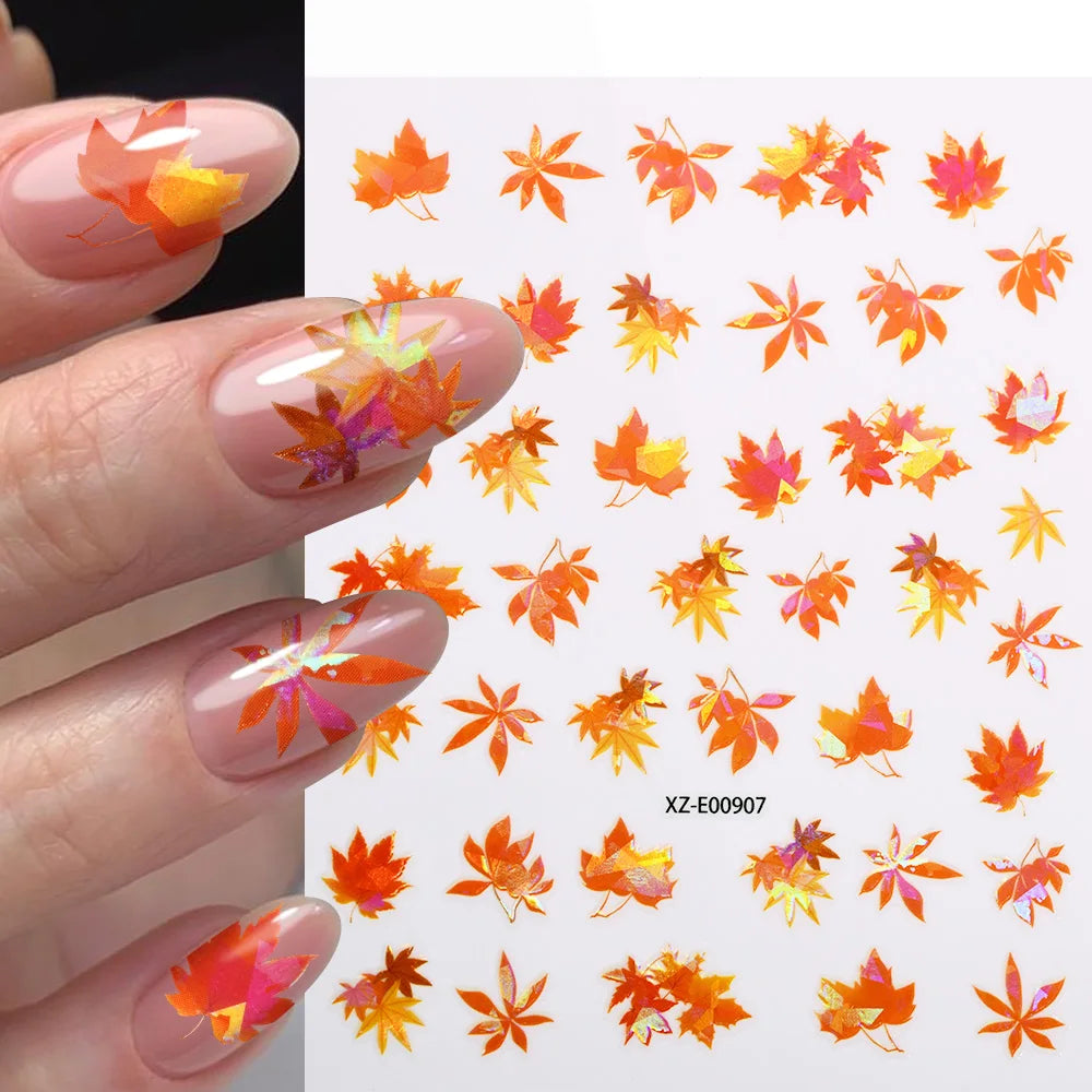 6/12Pcs 3D Halloween Maple Leaf Pumpkin Nail Stickers Ginkgo Leaves Fox Adhesive Decals Thanksgiving Autumn Manicure Decorations