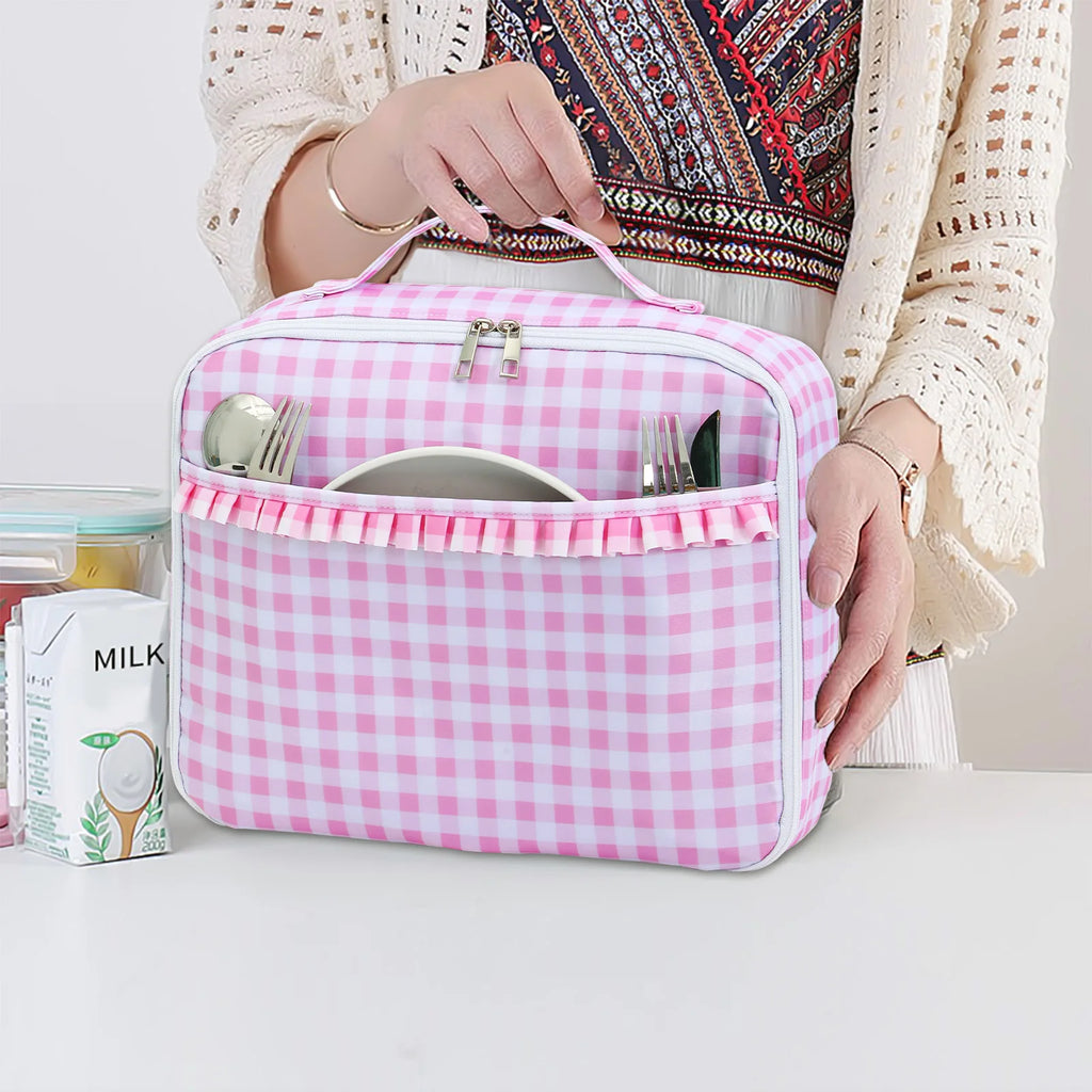 Ruffle Plaid Insulated Lunch Bag | Waterproof Leakproof Cooler Tote