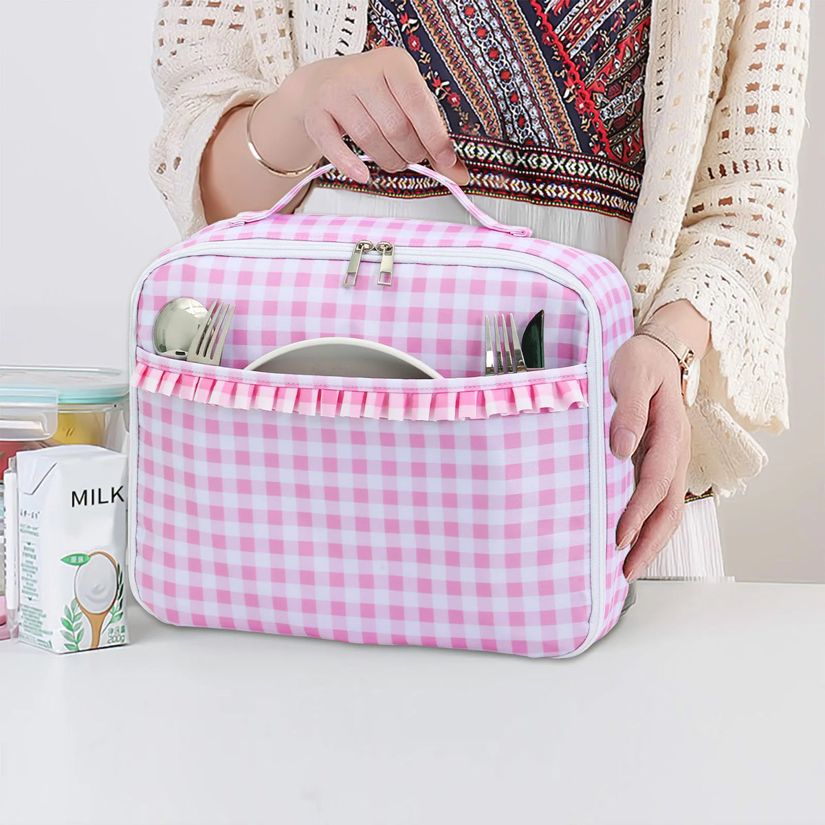 Ruffle Plaid Insulated Lunch Bag | Waterproof Leakproof Cooler Tote
