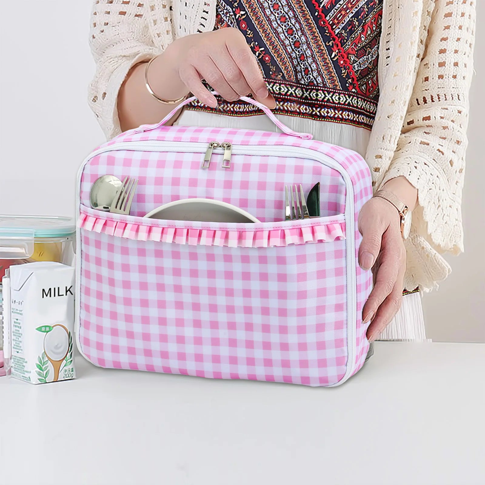 Ruffle Plaid Insulated Lunch Bag | Waterproof Leakproof Cooler Tote