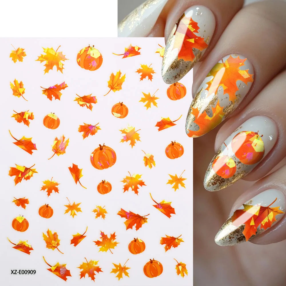 6/12Pcs 3D Halloween Maple Leaf Pumpkin Nail Stickers Ginkgo Leaves Fox Adhesive Decals Thanksgiving Autumn Manicure Decorations