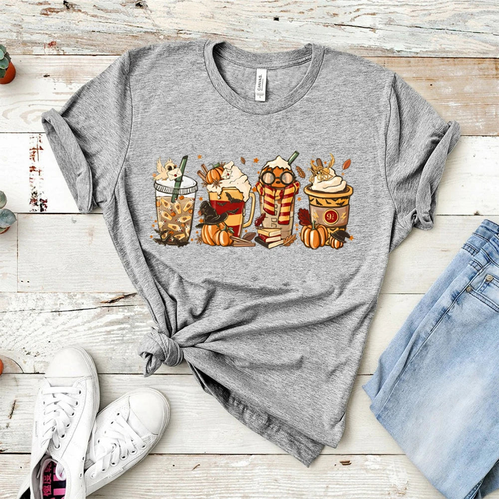 Halloween Horror Coffee T-shirt HP Wizard Fall Shirt Pumpkin Spice Magic 9 3/4 Always Women Graphic Tees Coffee Lover Clothes