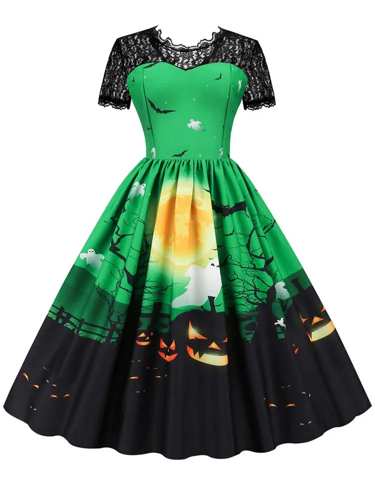 Women's Vintage Lace Halloween Dress Short Sleeve Elegant Evening Prom Costume 50s 60s Party Vintage Style