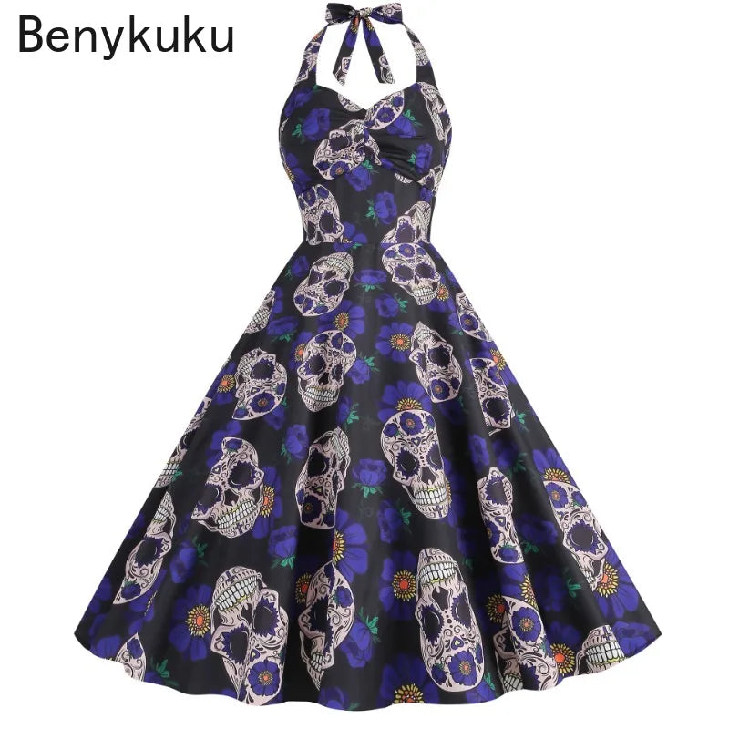 Halloween Costumes for Women Skull Print Halter Dress Sleeveless Tunic Vintage Party Dresses Goth Clothes Masquerade Vestidos