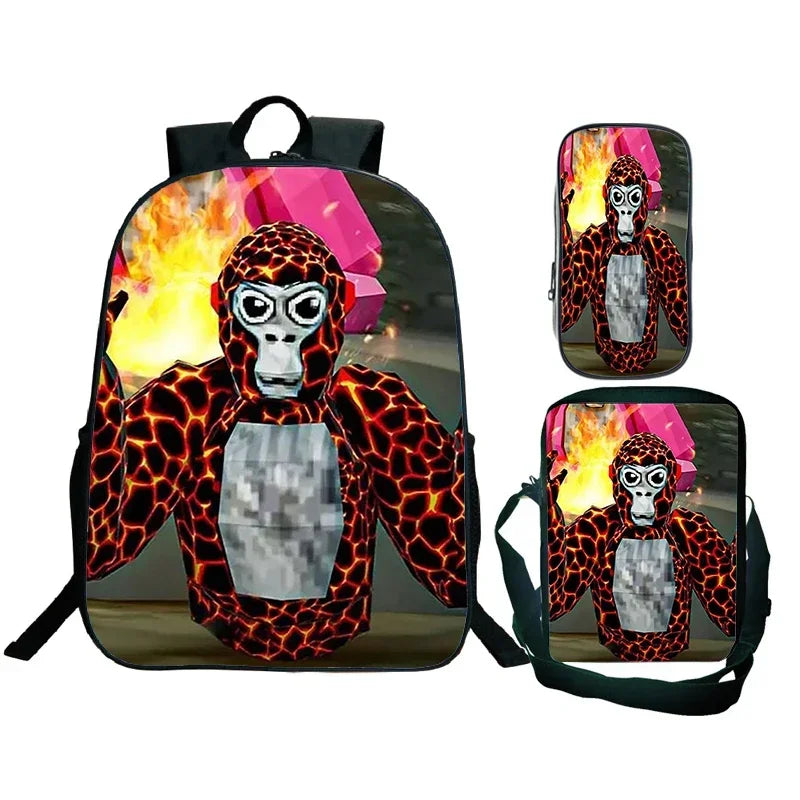 Gorilla Tag Backpack 3pc Set | Boys Cartoon School Bag with Shoulder Bag & Pencil Case