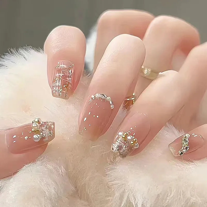 Star Chain Rhinestone Press-On Nails — French Square Tips (24pc Set)