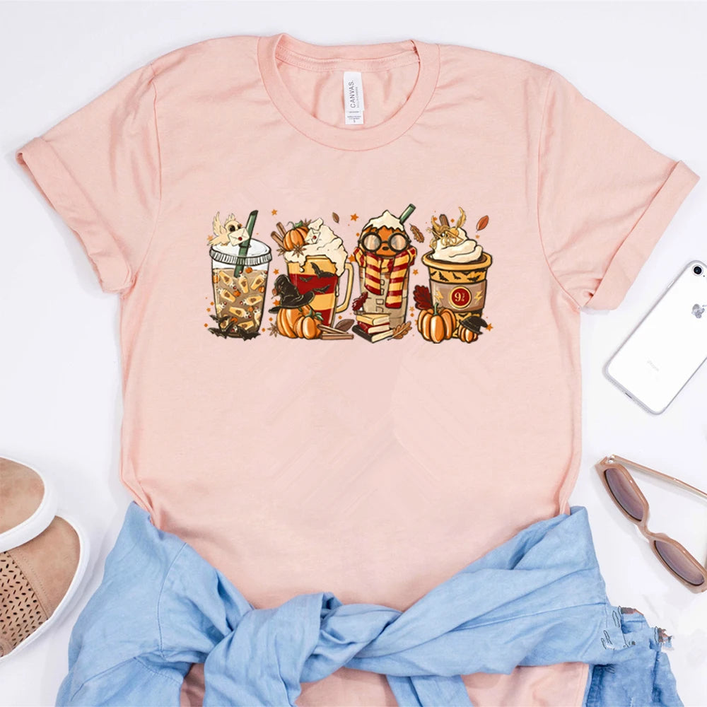 Halloween Horror Coffee T-shirt HP Wizard Fall Shirt Pumpkin Spice Magic 9 3/4 Always Women Graphic Tees Coffee Lover Clothes