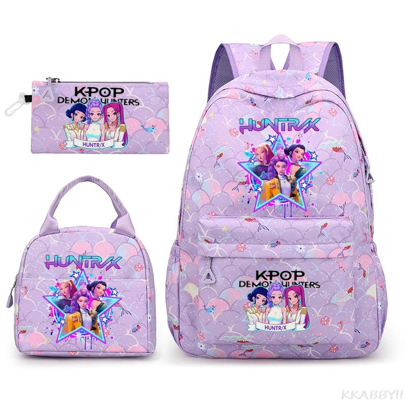 Fashion KPop Demon Hunters Backpacks 3pcs Rumi Mira Zoey HUNTR/ Boys School Bags For Women Girls Kawaii Capacity Mochilas