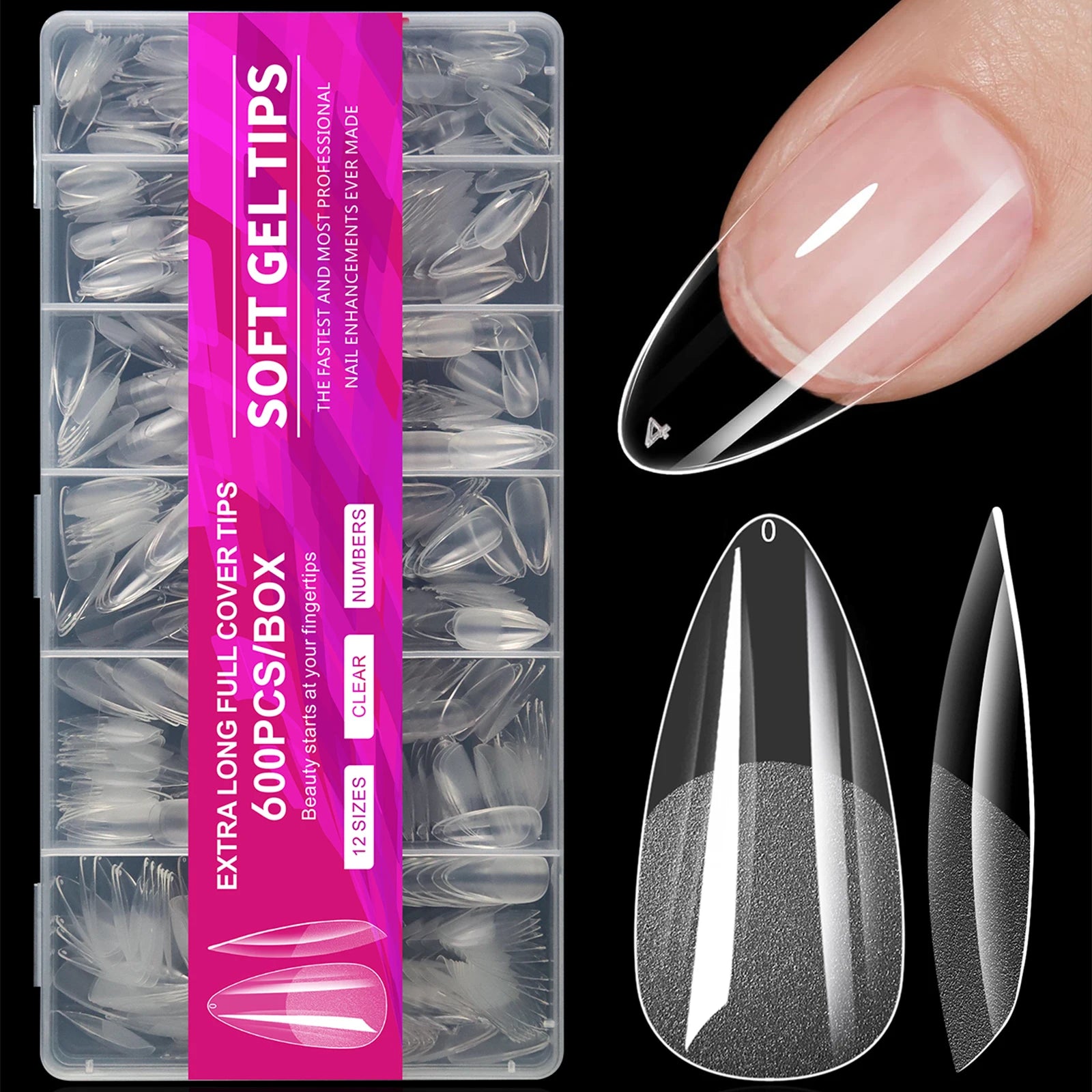 Clear Almond Press-On Nail Tips — Short Soft Gel Full Cover Set