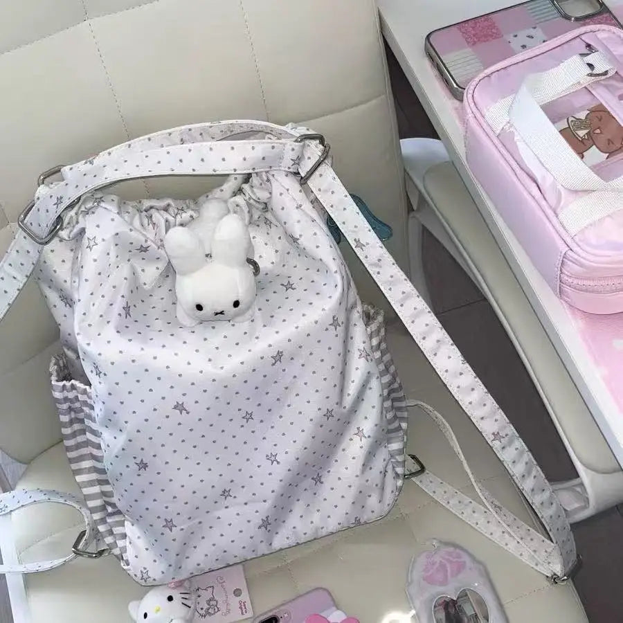 Girls Sweet and Cute Polka Dot Backpack Ita Bag New Large Capacity Single Shoulder Bag Dolls Bag Drawstring Commuter Backpack