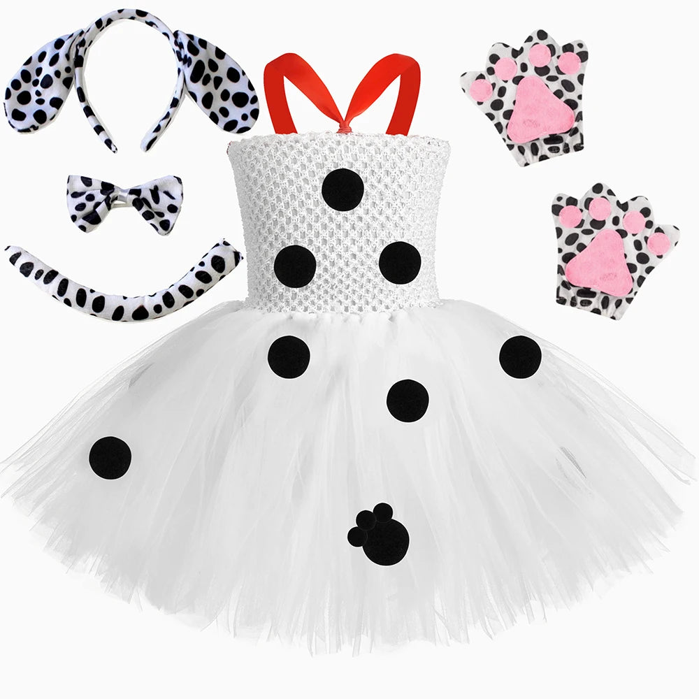 Toddler Girls Dalmatian Dog Costume Polka Dot Spotted Puppy Tutu Dress 101 Dalmatians Costume for Kids Halloween Party Dress Up