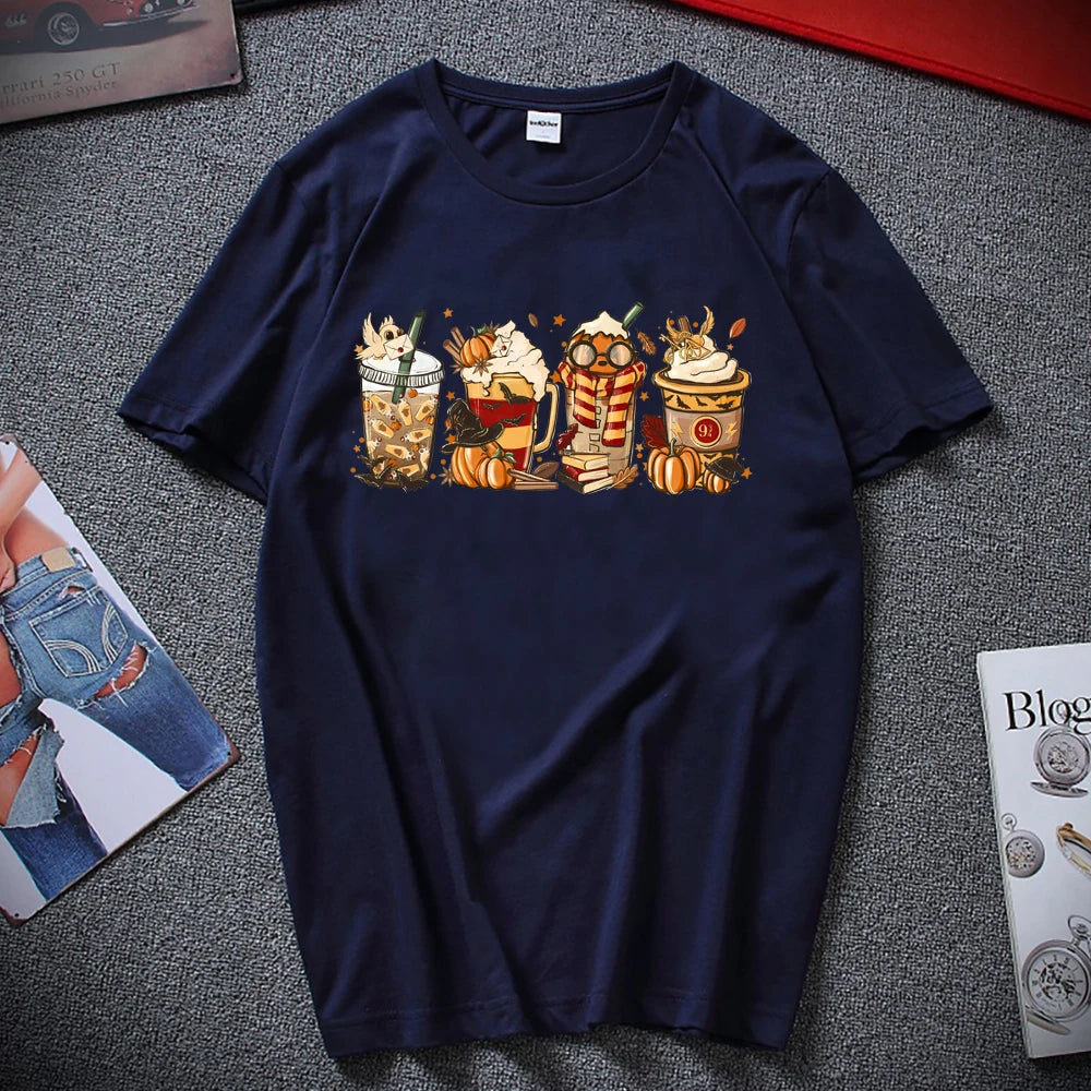 Halloween Horror Coffee T-shirt HP Wizard Fall Shirt Pumpkin Spice Magic 9 3/4 Always Women Graphic Tees Coffee Lover Clothes