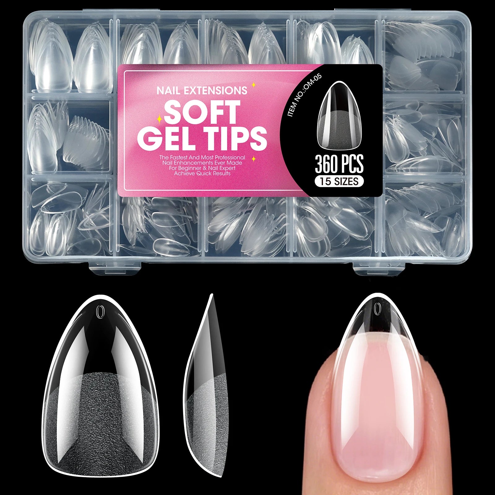 Clear Almond Press-On Nail Tips — Short Soft Gel Full Cover Set
