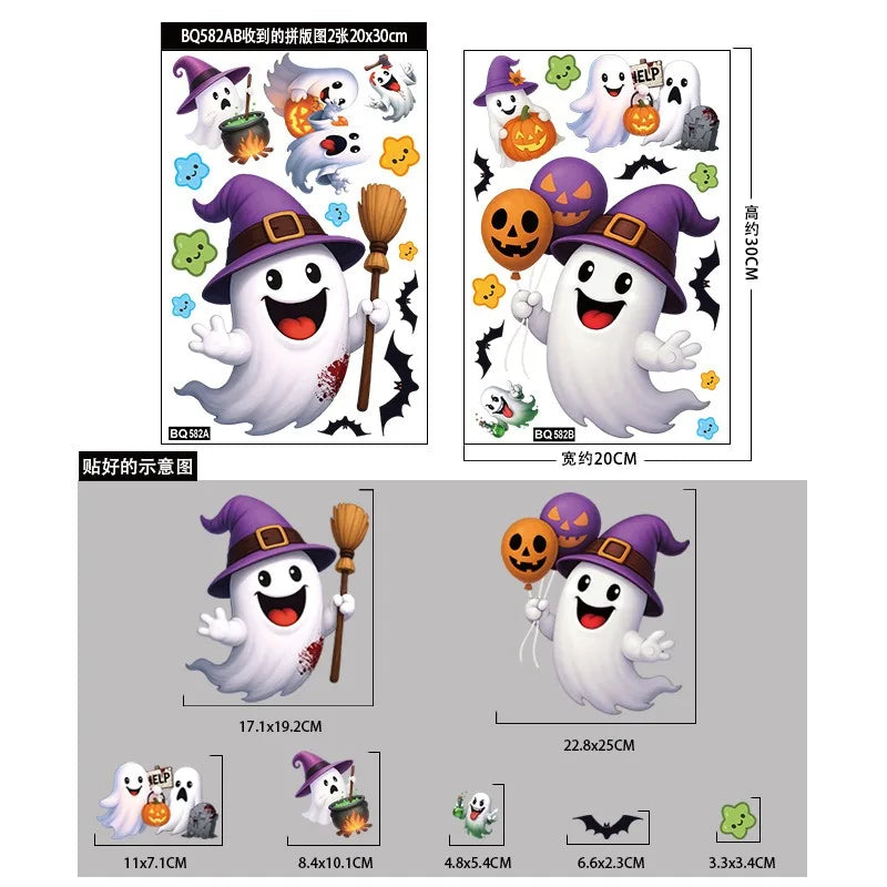 Halloween Window Glass Stickers Cartoon Pumpkin Lantern Candy Bat Skull Witch Hat Static Sticker Happy Halloween Day Party Decor
