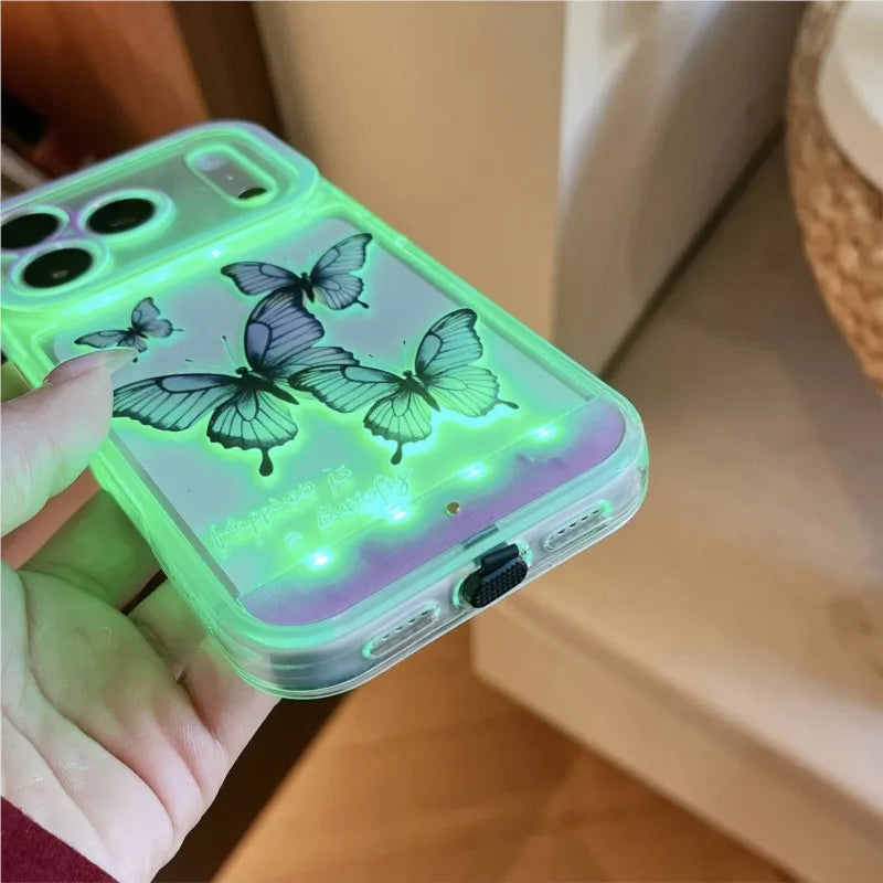Change Color Luminous Call Light Up Purple Butterfly Pattern Phone Case For iPhone 16 15 13 12 11 14 17 Pro Max Plus Air X XSMax