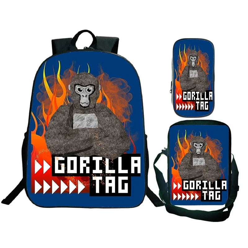 Gorilla Tag Backpack 3pc Set | Boys Cartoon School Bag with Shoulder Bag & Pencil Case