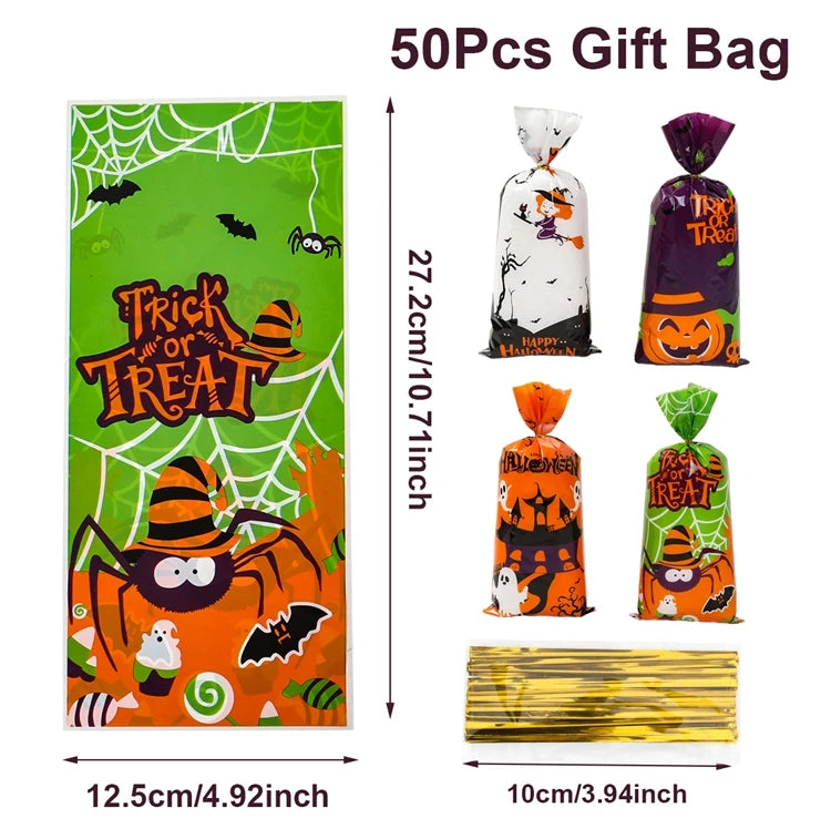 50Pcs Pumpkin Halloween Candy Bag Happy Halloween Party Decorations Kid Favors Gift Trick or Treat Candy Cookie Spider Ghost Bag