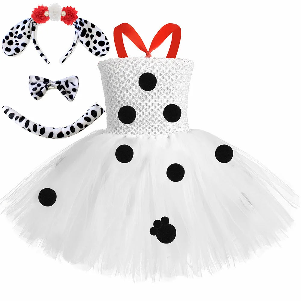 Toddler Girls Dalmatian Dog Costume Polka Dot Spotted Puppy Tutu Dress 101 Dalmatians Costume for Kids Halloween Party Dress Up