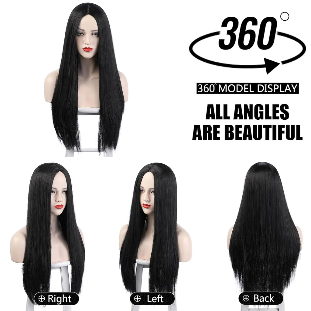 Synthetic Wigs Long Black Wig for Morticia Addams Costume, Cher Costume Halloween Wig for 70s Party Witch Costume Wig for Women