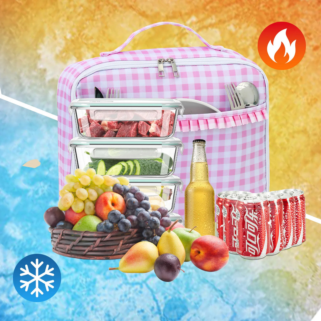 Ruffle Plaid Insulated Lunch Bag | Waterproof Leakproof Cooler Tote