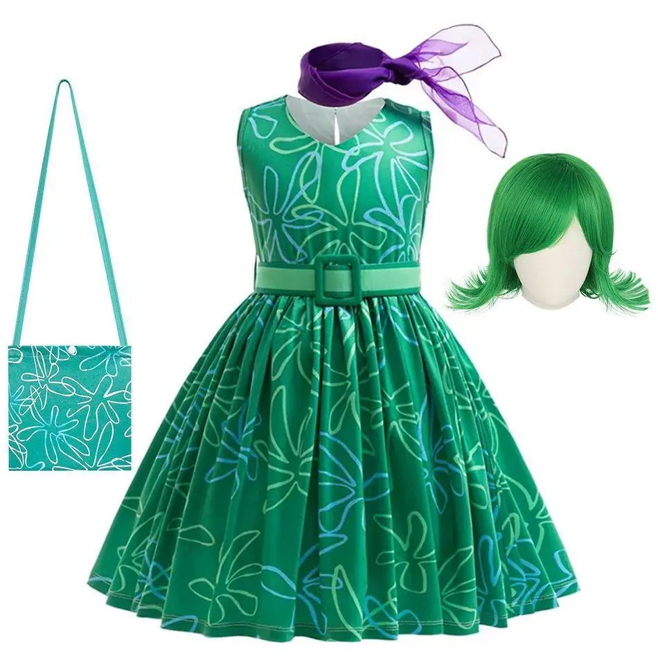 Joy Costume Children Green Printed Polyester Dress Halloween Party Costume for Girls Cute Cartoon Style Cosplay Wear