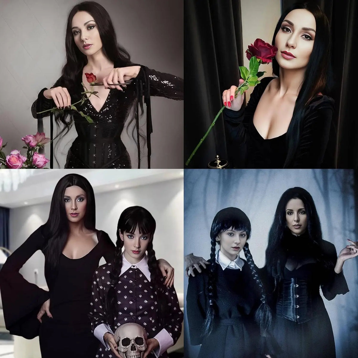 Synthetic Wigs Long Black Wig for Morticia Addams Costume, Cher Costume Halloween Wig for 70s Party Witch Costume Wig for Women