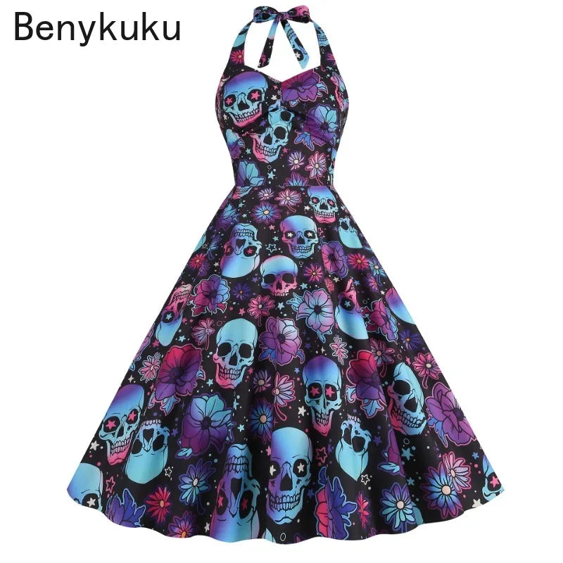 Halloween Costumes for Women Skull Print Halter Dress Sleeveless Tunic Vintage Party Dresses Goth Clothes Masquerade Vestidos