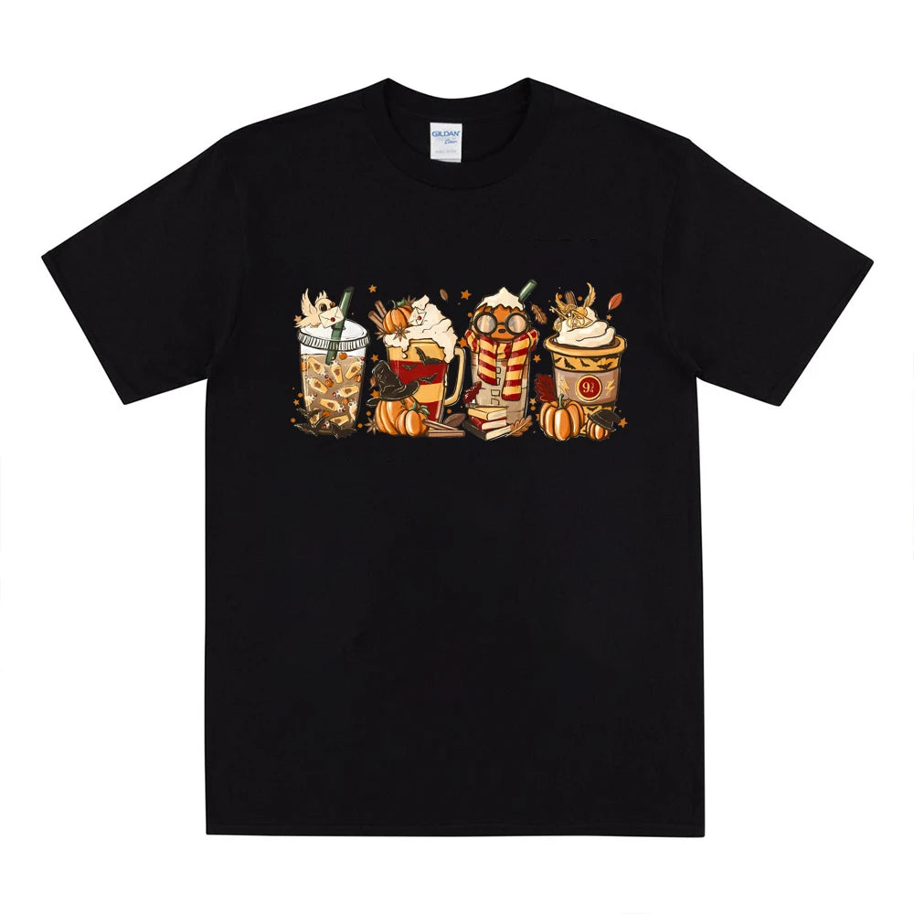Halloween Horror Coffee T-shirt HP Wizard Fall Shirt Pumpkin Spice Magic 9 3/4 Always Women Graphic Tees Coffee Lover Clothes