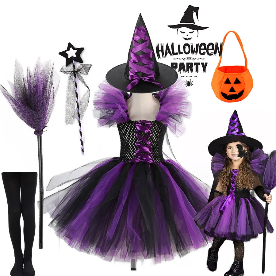 2 Pieces Witch Tutu Dress with Hat Girls All Saint's Day Bruja Wizard Costume Role Play Toddler Halloween Party Fairy Witch Gown