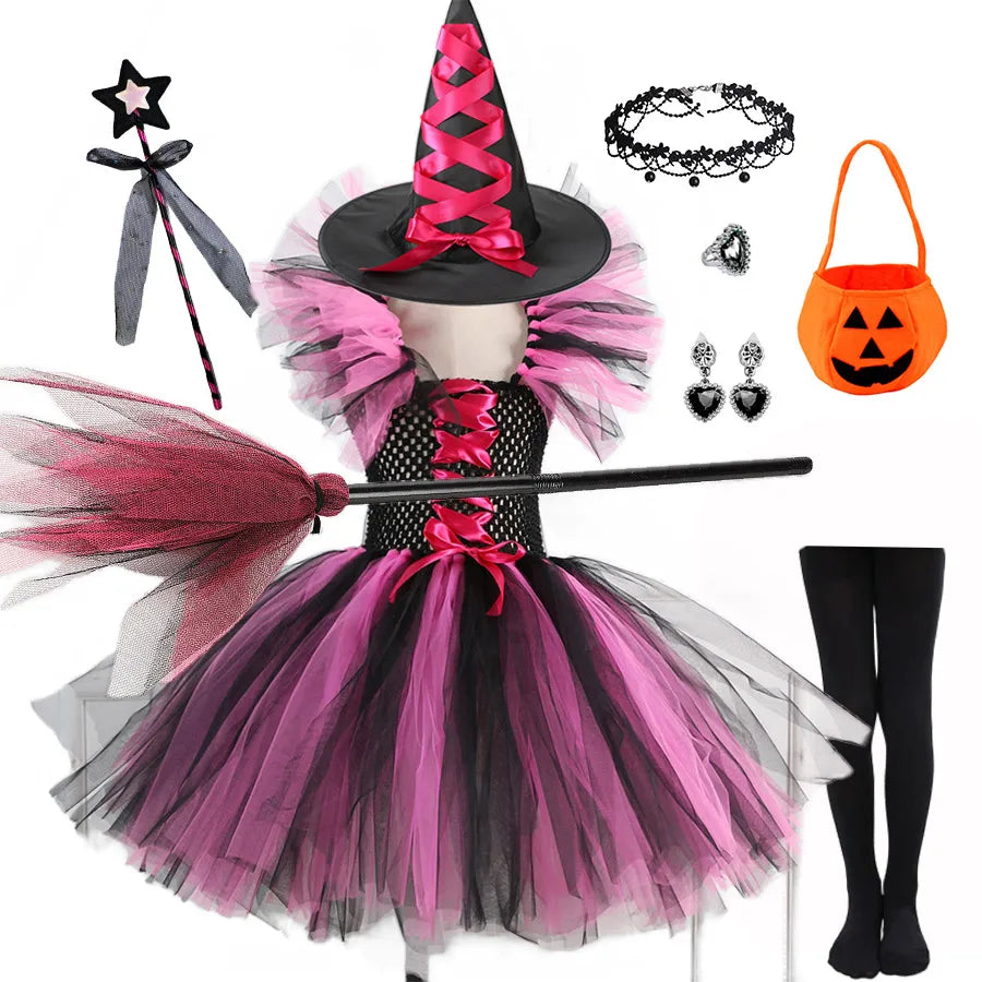 2 Pieces Witch Tutu Dress with Hat Girls All Saint's Day Bruja Wizard Costume Role Play Toddler Halloween Party Fairy Witch Gown