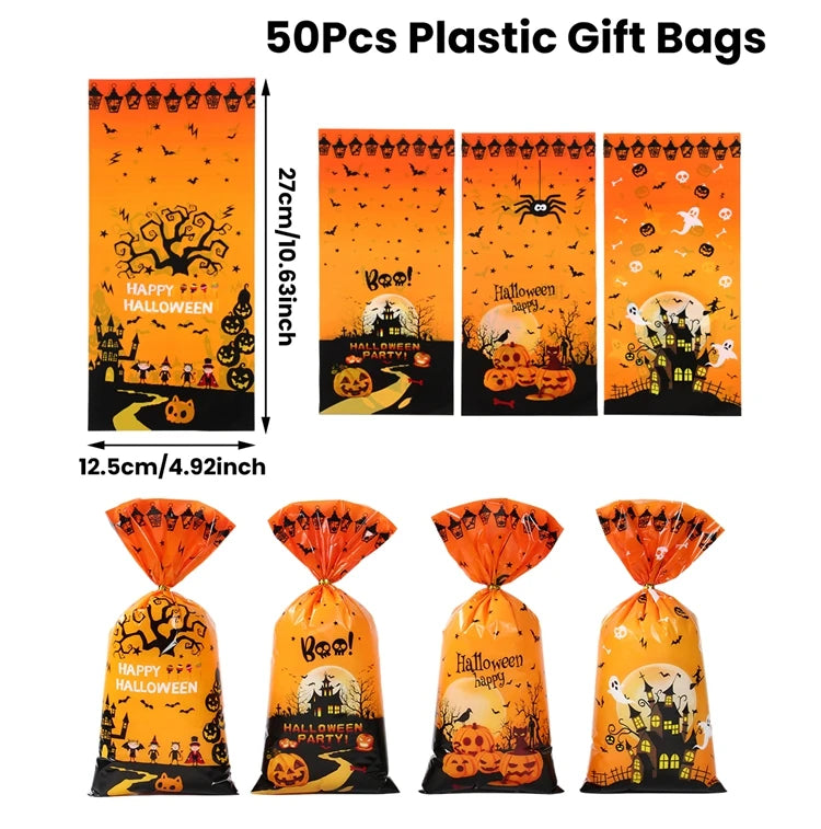 50Pcs Pumpkin Halloween Candy Bag Happy Halloween Party Decorations Kid Favors Gift Trick or Treat Candy Cookie Spider Ghost Bag