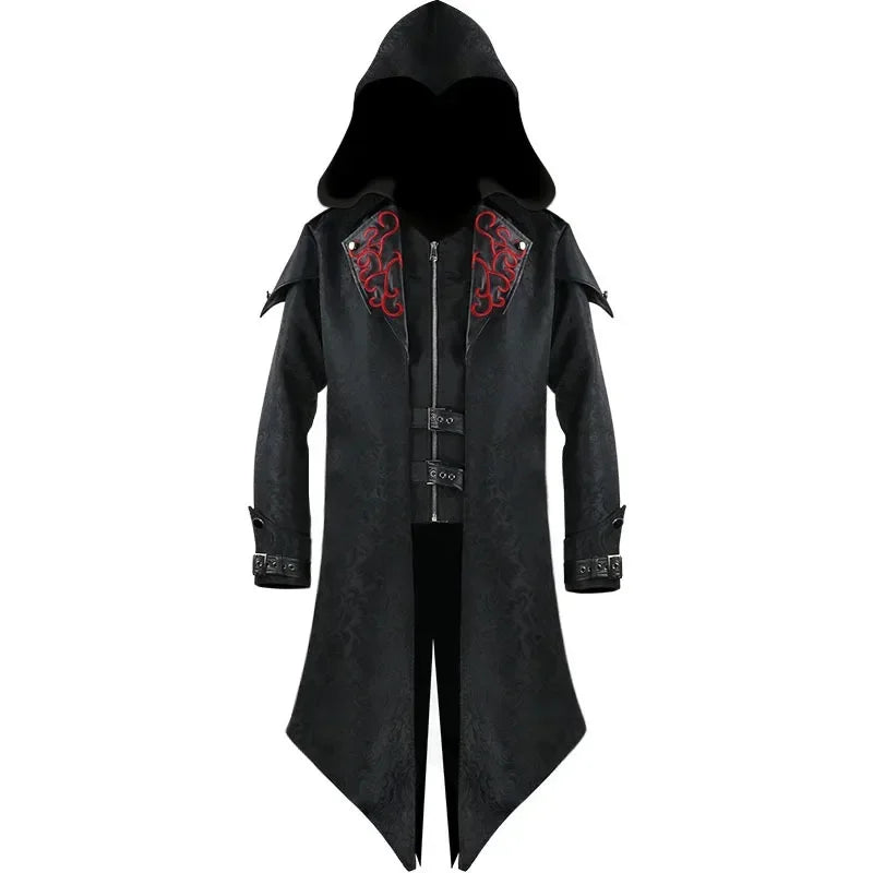 Men Goth Tailcoat Jacket Steampunk Uniform Hoodie Zipper Medieval Halloween Party Vintage Renaissance Costume Cosplay Coat
