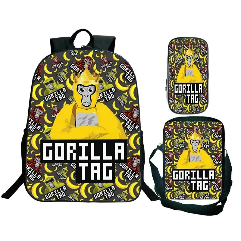 Gorilla Tag Backpack 3pc Set | Boys Cartoon School Bag with Shoulder Bag & Pencil Case