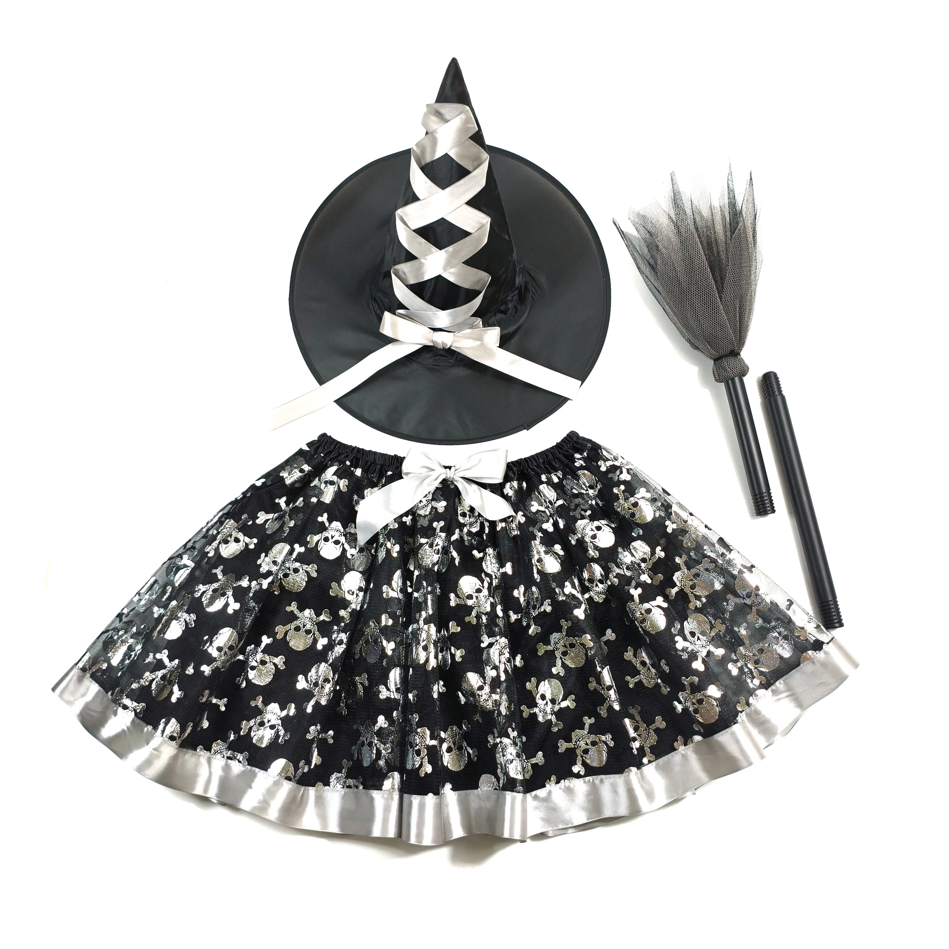Halloween Adults Witch Costume Set Tulle Skirt Hat and Broom Complete Your Witch Look a Black Witch Hat and a Spooky Broom