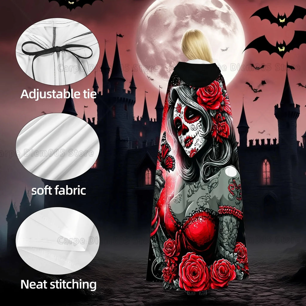 1pc Vintage Style Polyester Hooded Cloak with Sugar Skull, Red Roses & Floral Print - Halloween Costume for Adults Witch