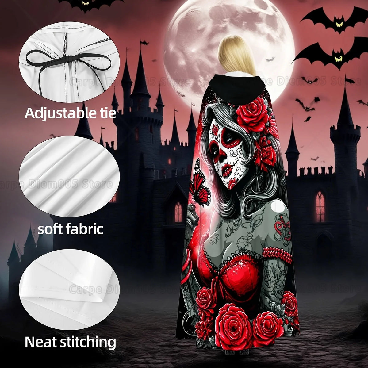 1pc Vintage Style Polyester Hooded Cloak with Sugar Skull, Red Roses & Floral Print - Halloween Costume for Adults Witch