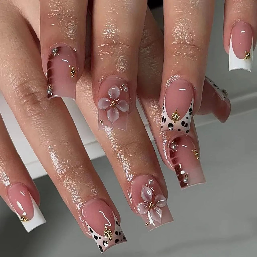 Star Chain Rhinestone Press-On Nails — French Square Tips (24pc Set)
