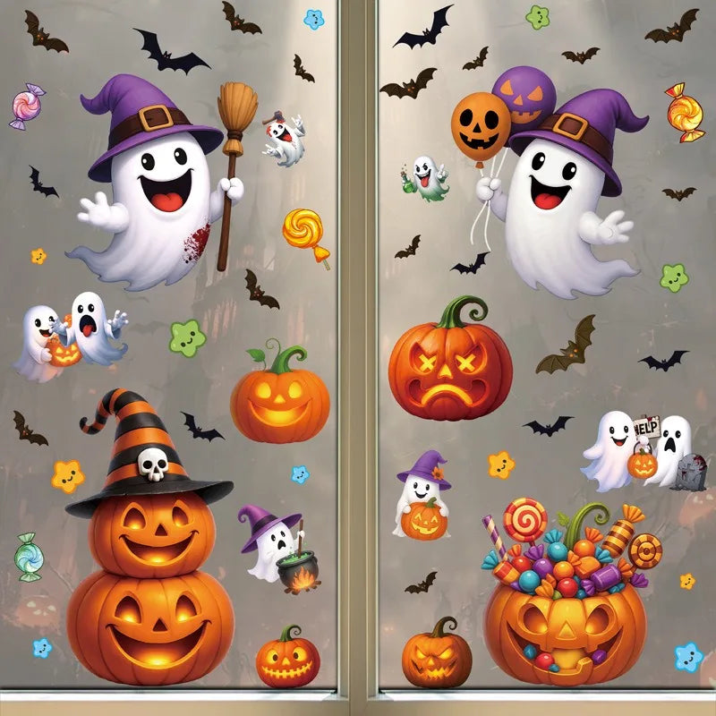 Halloween Window Glass Stickers Cartoon Pumpkin Lantern Candy Bat Skull Witch Hat Static Sticker Happy Halloween Day Party Decor