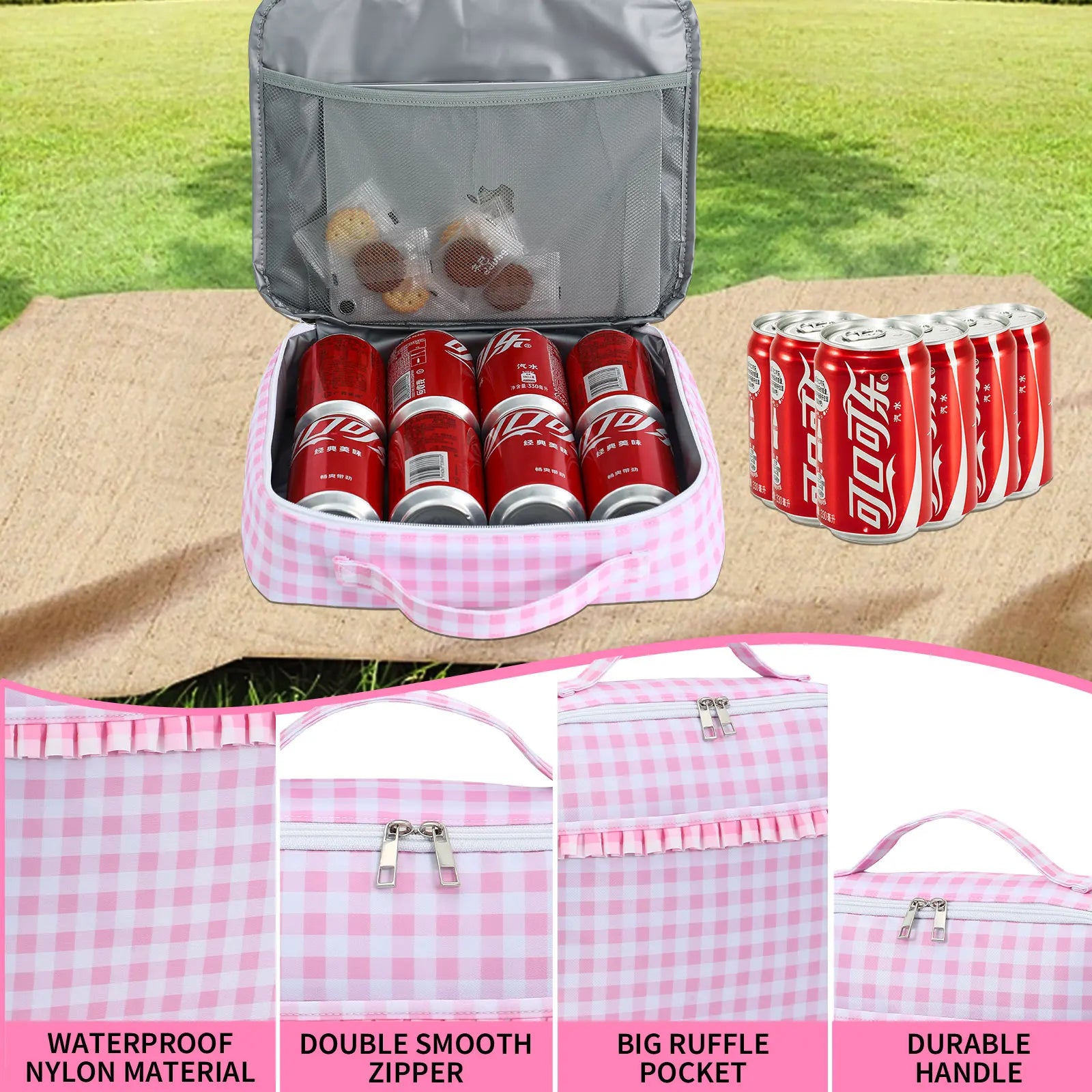 Ruffle Plaid Insulated Lunch Bag | Waterproof Leakproof Cooler Tote