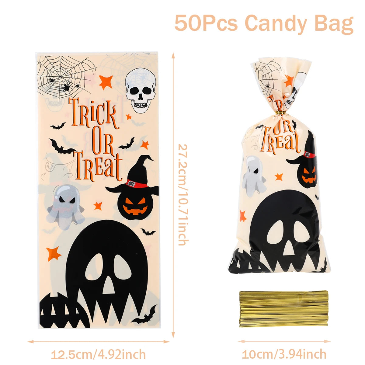 50Pcs Pumpkin Halloween Candy Bag Happy Halloween Party Decorations Kid Favors Gift Trick or Treat Candy Cookie Spider Ghost Bag