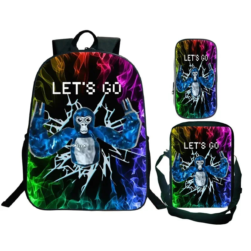 Gorilla Tag Backpack 3pc Set | Boys Cartoon School Bag with Shoulder Bag & Pencil Case