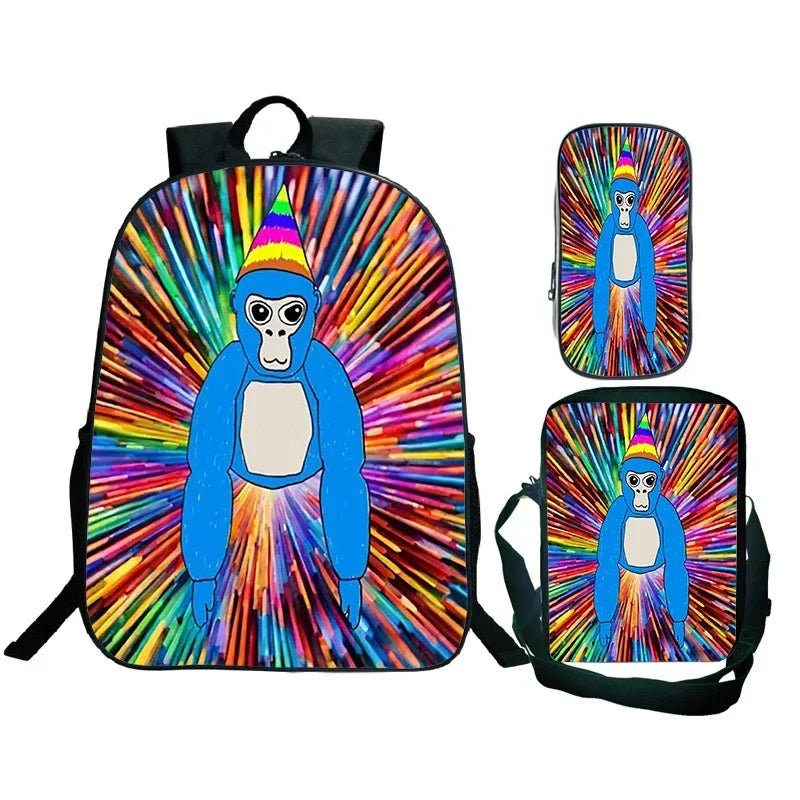 Gorilla Tag Backpack 3pc Set | Boys Cartoon School Bag with Shoulder Bag & Pencil Case