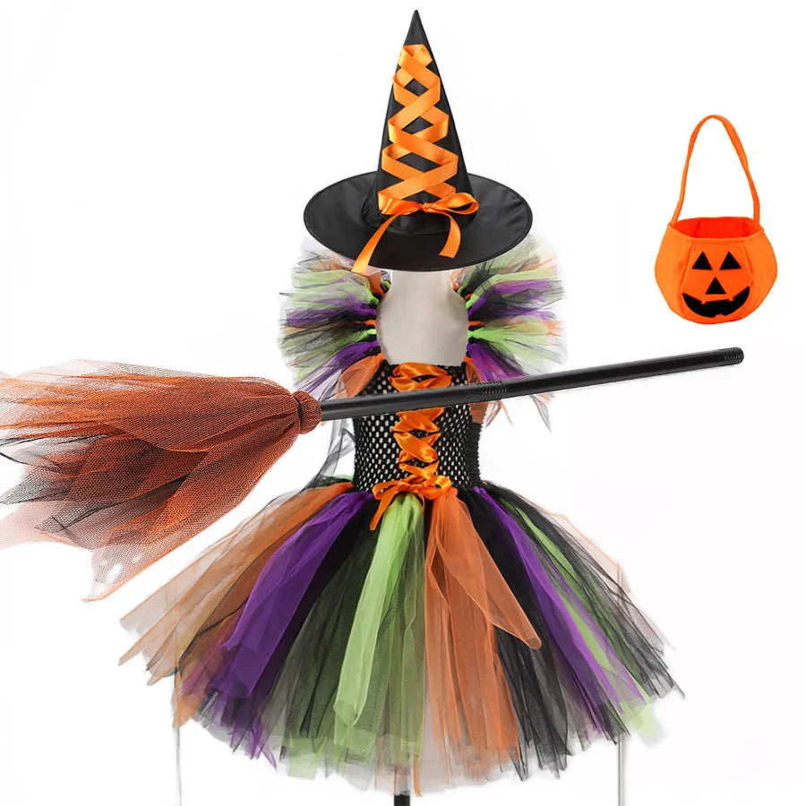 2 Pieces Witch Tutu Dress with Hat Girls All Saint's Day Bruja Wizard Costume Role Play Toddler Halloween Party Fairy Witch Gown