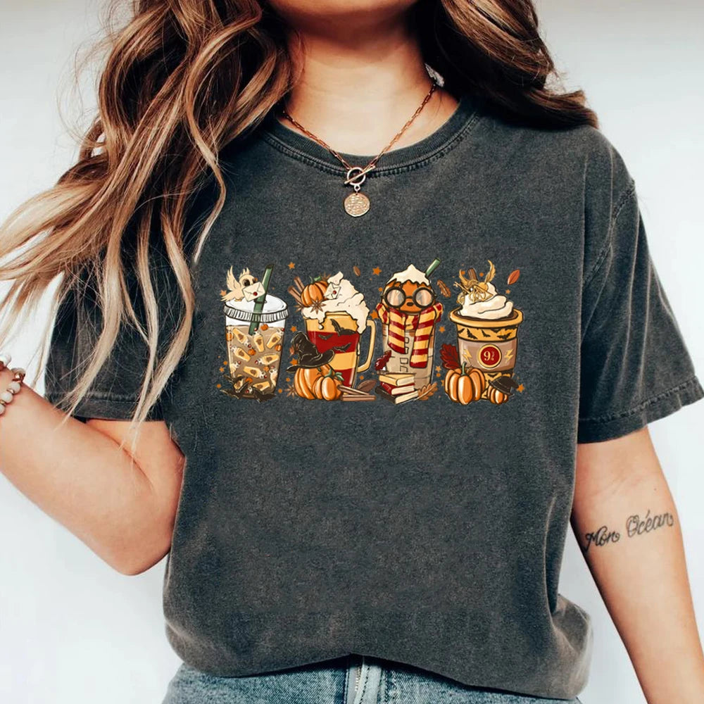 Halloween Horror Coffee T-shirt HP Wizard Fall Shirt Pumpkin Spice Magic 9 3/4 Always Women Graphic Tees Coffee Lover Clothes