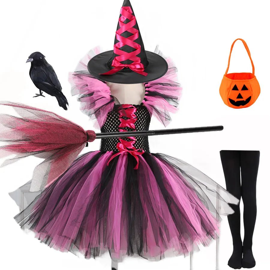2 Pieces Witch Tutu Dress with Hat Girls All Saint's Day Bruja Wizard Costume Role Play Toddler Halloween Party Fairy Witch Gown