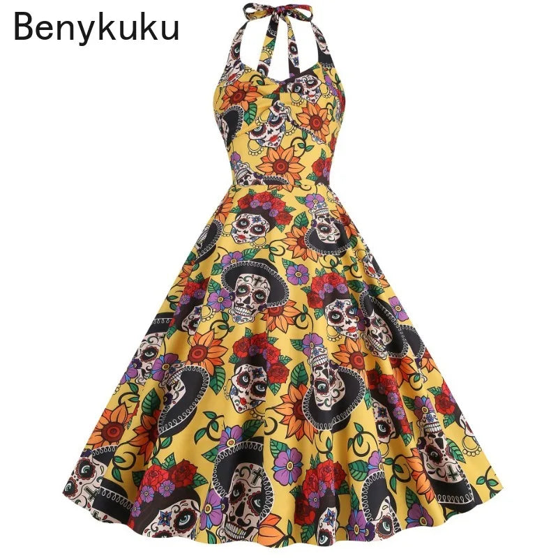 Halloween Costumes for Women Skull Print Halter Dress Sleeveless Tunic Vintage Party Dresses Goth Clothes Masquerade Vestidos