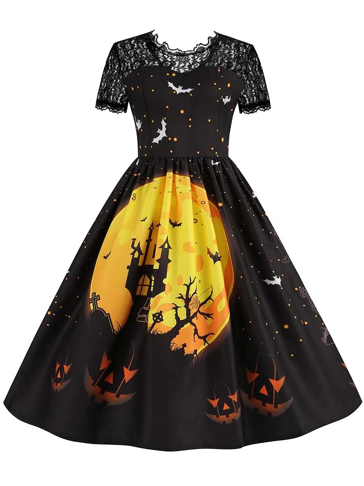 Women's Vintage Lace Halloween Dress Short Sleeve Elegant Evening Prom Costume 50s 60s Party Vintage Style
