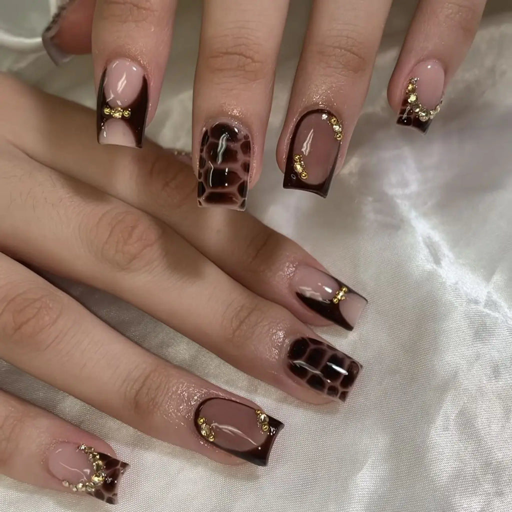 Star Chain Rhinestone Press-On Nails — French Square Tips (24pc Set)