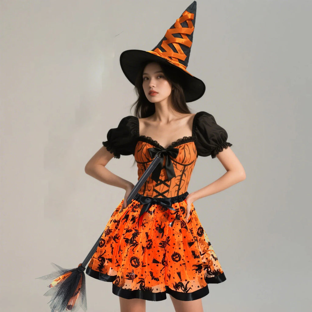 Halloween Adults Witch Costume Set Tulle Skirt Hat and Broom Complete Your Witch Look a Black Witch Hat and a Spooky Broom